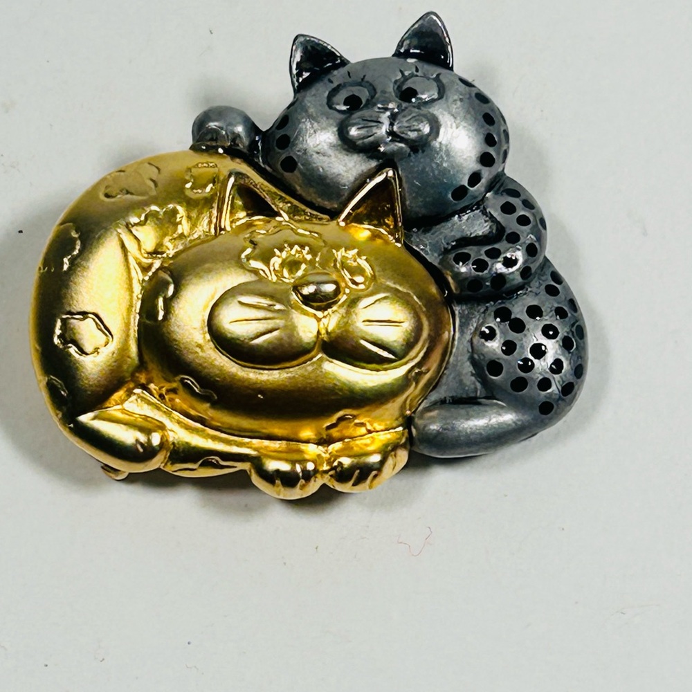Vintage Dancraft Happy Cats Pin Two Toned Mixed Metal Brooch Gold Silver Tone